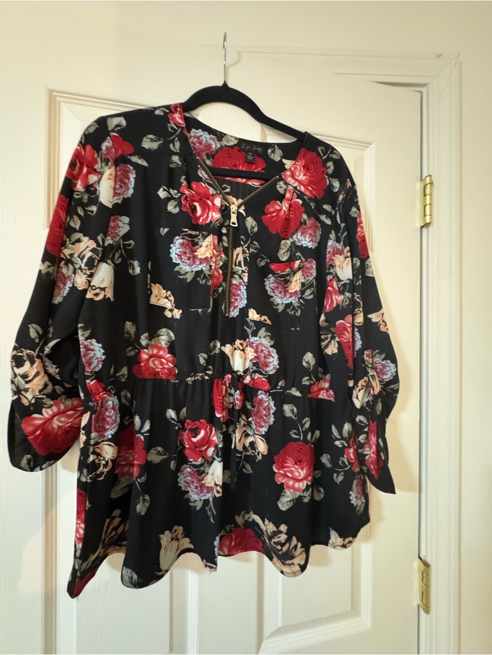 J for Justify Black Floral Peplum Blouse with Red Roses